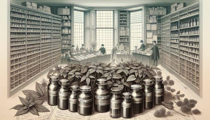 Exploring Herbal Blends: An ancient British apothecary with jars of nettle and willow bark, historical texts, and herbal remedies.