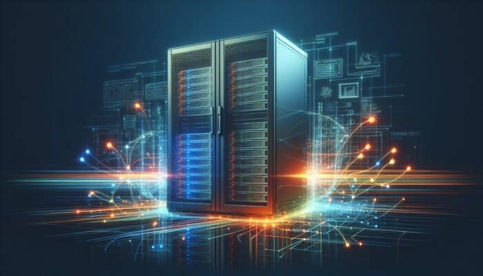 A minimalist bumper ad featuring a server rack image and swift animations highlighting connectivity, symbolizing effective hosting services.