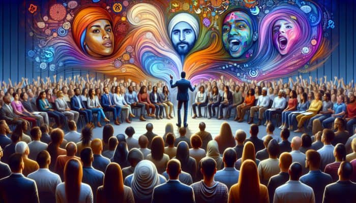 A diverse audience enraptured by a storyteller weaving a magical narrative, surrounded by vivid colours.