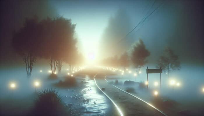 A serene misty landscape with a clear path lined by glowing clearance items, symbolising guidance and peace during grief.