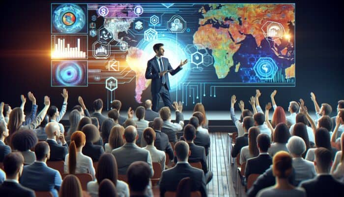 A dynamic live demonstration featuring an engaged audience, with a speaker addressing objections, discussing case studies, and facilitating interactive Q&A sessions.