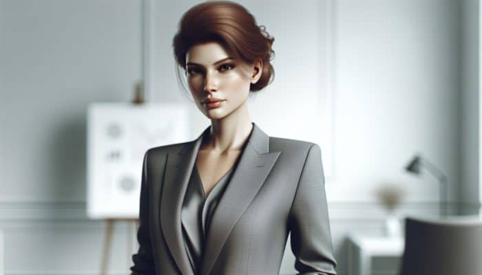 A woman with muted auburn hair in a chic updo, wearing an elegant grey suit, in a minimalist room.