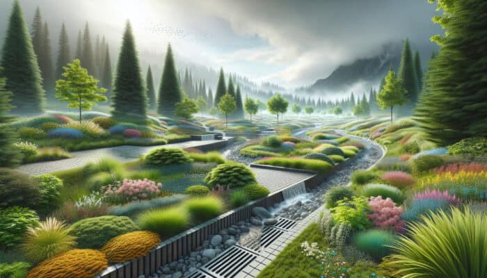 Landscape Drainage Services in Pitt Meadows: A serene Pitt Meadows landscape featuring French drains, swales, and permeable paving effectively managing water flow and preventing pooling, under a cloudy sky, showcasing vibrant greenery and flowers.