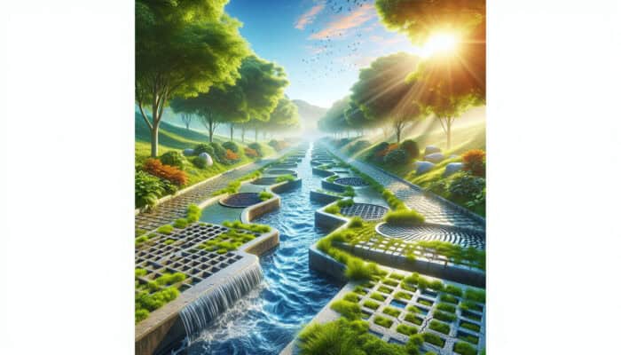 A tranquil landscape showcasing French drains, swales, dry wells, and permeable paving, surrounded by rich greenery.