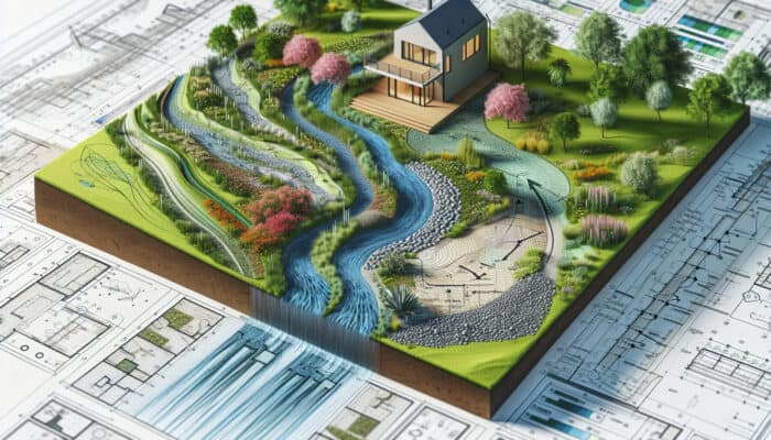 A modern house featuring graded slopes and strategically placed vegetation managing water flow and preventing erosion.