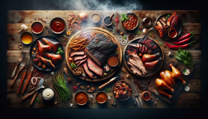 BBQ feast with Texas brisket, Carolina pulled pork, and chicken, showcasing regional American flavours.