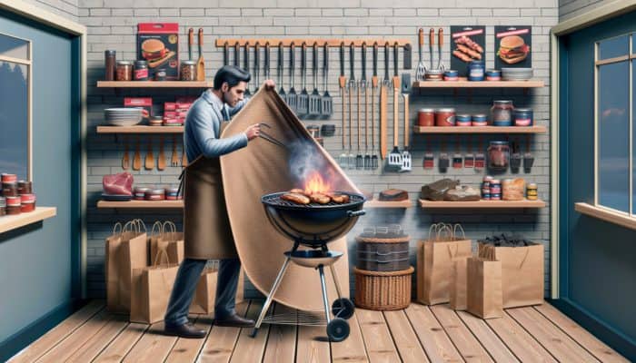 A novice BBQ enthusiast setting up an affordable fabric smoke curtain on a basic grill, with budget-friendly options displayed nearby in a store.