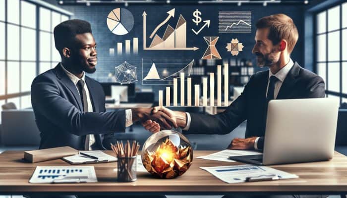 How to Avoid High Debt Consolidation Fees: UK Strategies | DCL Person in suit shaking hands with banker, surrounded by charts and documents, symbolizing successful loan negotiation.