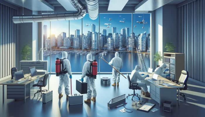 Infographic of professional duct cleaning process in Vancouver commercial building, with skyline background.