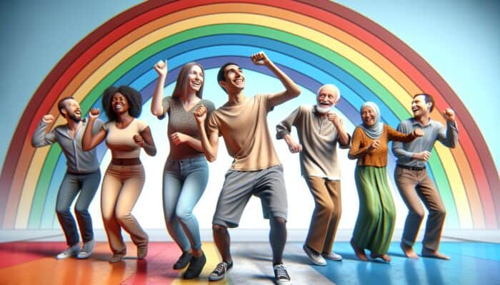 A vibrant collage of people joyfully dancing in a TikTok trend, evoking nostalgia and community.