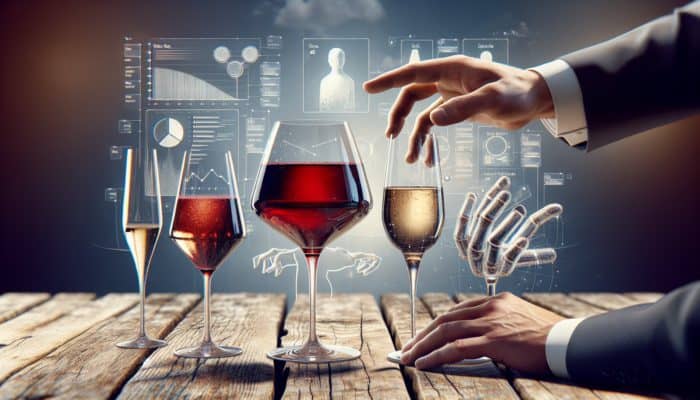 A sommelier's hand holding different wine glasses on a rustic wooden table: robust red in balloon, sparkling in flute, white in wider glass.