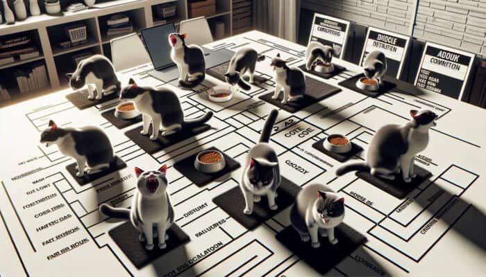 Territorial Behavior in Multi-Cat Homes: Cats hissing and arching over food and space, showing territorial aggression in a multi-cat home.