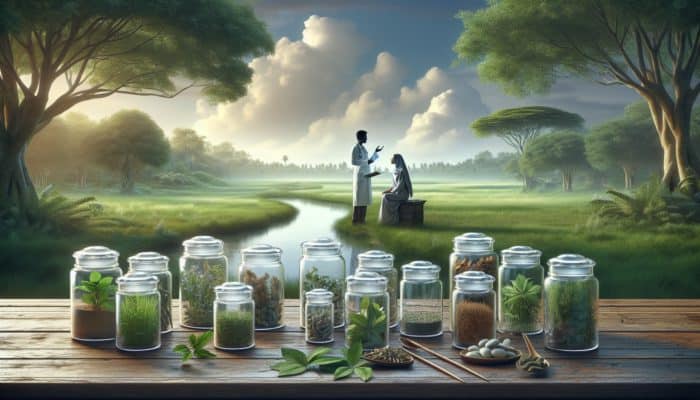 Medicinal herbs in jars, serene landscape, experts discussing safety for chronic conditions.