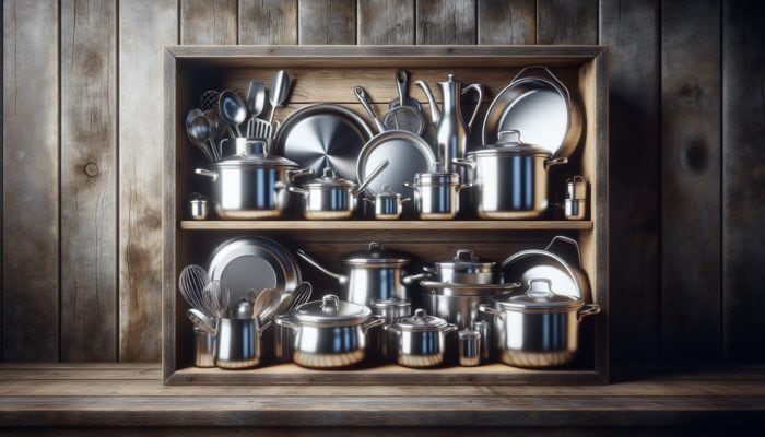 A kitchen shelf with stainless steel and cast iron pots and pans, showcasing durability and sleek design against rustic wood.