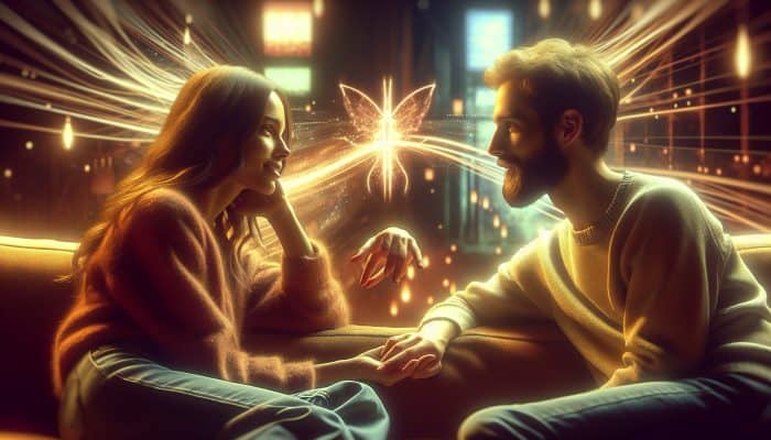 A couple on a cozy couch, hands intertwined, in soft lighting, symbolizing closeness.