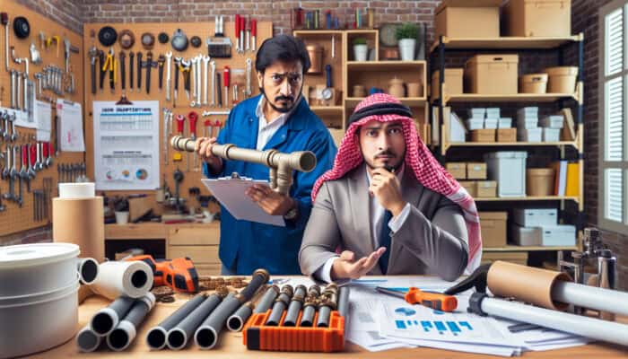 Homeowner inspecting Poly B pipes for leaks, consulting plumber in workshop with tools and references.