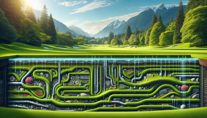 Cross-section illustration of a South Vancouver lawn featuring French drains and dry wells, surrounded by lush greenery.