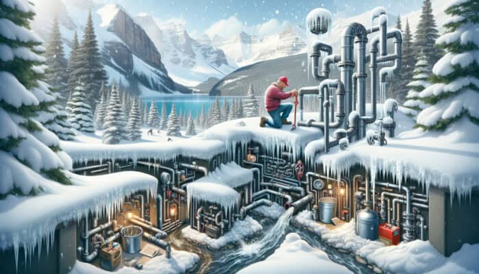 A winter scene in Whistler illustrating various plumbing challenges including frozen pipes, low water pressure, blocked drains, leaking old pipes, a malfunctioning water heater, backflow issues, and grease-clogged restaurant plumbing.