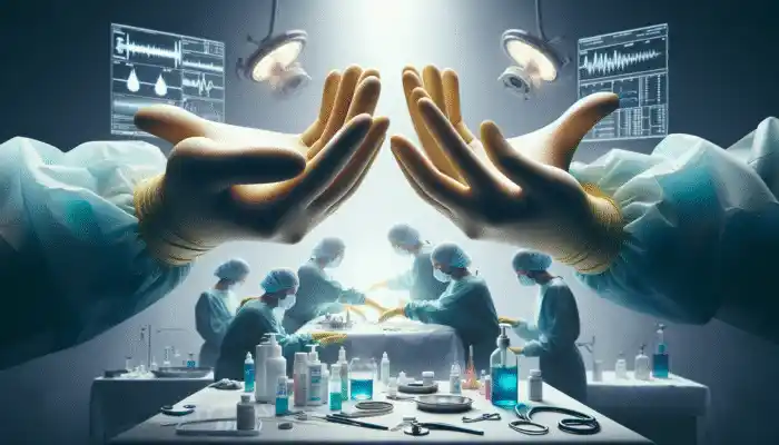 Extra long rubber gloves used in UK healthcare and cleaning for protection during medical and chemical tasks.