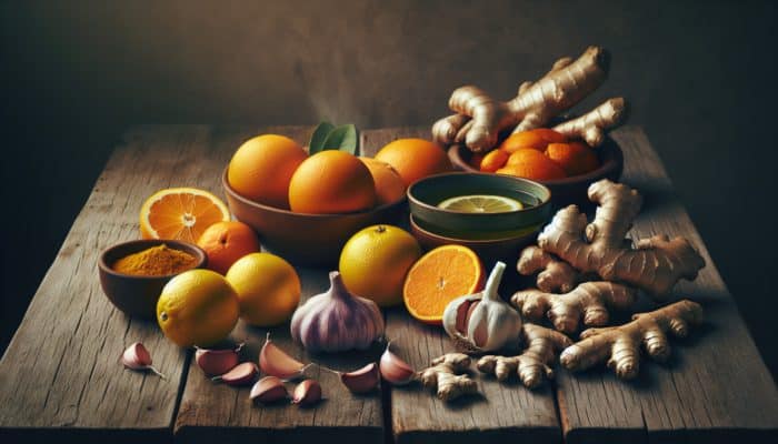Citrus fruits, garlic, ginger, turmeric, and green tea on a rustic wooden table.