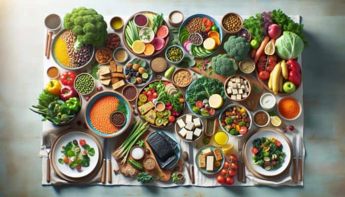 How to Cook for a Vegan Guest: A vibrant vegan dinner table with dishes rich in protein, iron, calcium, vitamin B12, and omega-3 fatty acids.