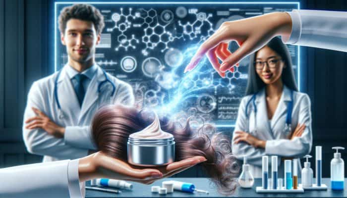 A hand applying anti-frizz cream to hair, transforming it into sleek strands, with dermatologists observing.