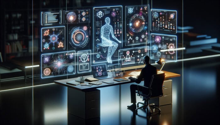 A person at a modern desk with holographic screens, assisted by a glowing virtual figure managing tasks.
