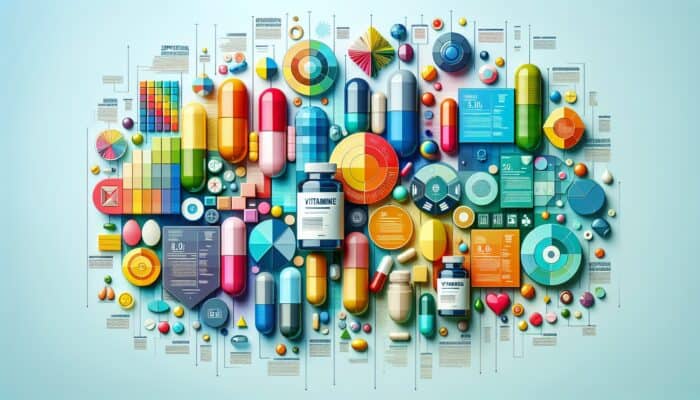 Vibrant infographic offering tips on creating supplement-centric content, showcasing vitamins and capsules.