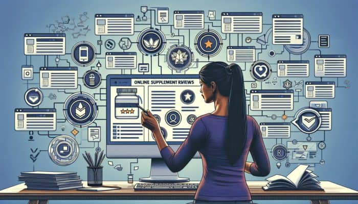 Person analyzing online supplement reviews on computer, focusing on verified badges and detailed experiences.