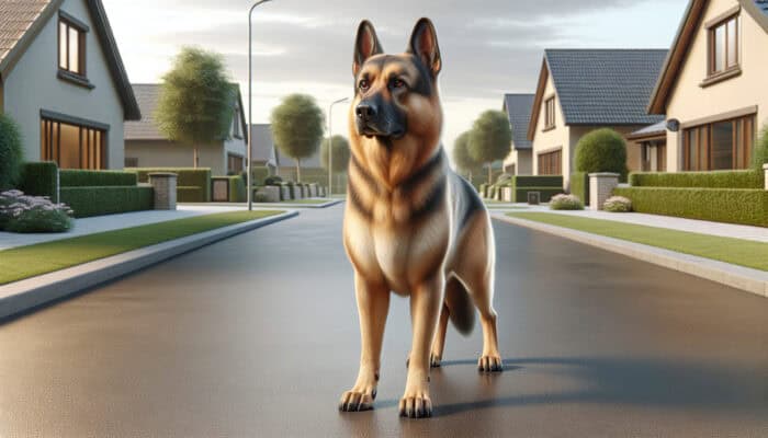 A confident German Shepherd in a protective stance, alert and focused in a calm suburban setting.