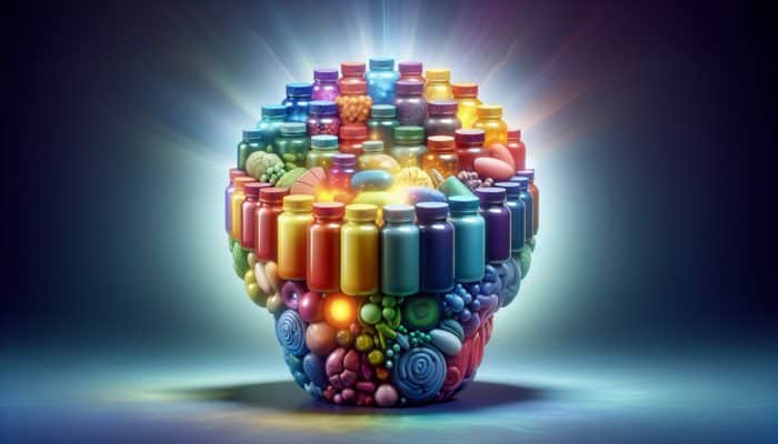 Supplements for Mental Resilience: Bottles of supplements with vitamins, minerals, and herbs, against a backdrop of a clear, glowing brain.