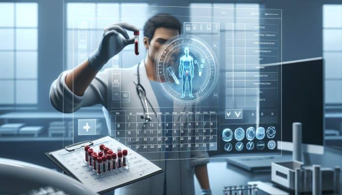 Individual preparing for a testosterone blood test in a lab, featuring a testosterone vial, checklist, and calendar.