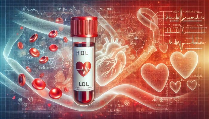 Cholesterol Blood Test in Dorchester: Illustration of a blood test vial labeled HDL, LDL, triglycerides, with artery plaque buildup diagrams, heart health backdrop.