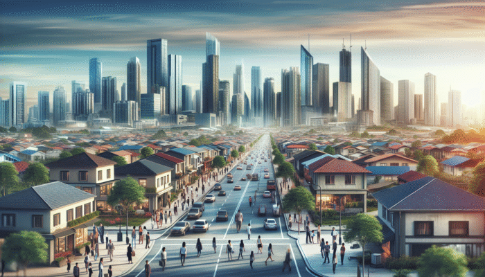 A vibrant Mahikeng street with modern residential and commercial properties, symbolising economic growth and investment opportunities.