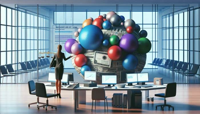 Infographic on UK debt consolidation with charts, person managing debts, and unified loan in modern office.