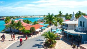 A coastal scene in Corozal Town, Belize, where pedestrians walk and cycle along vibrant streets lined with palm trees, outdoor cafés, and real estate options that highlight the area’s affordable living beside azure waters and boats under a clear sky.