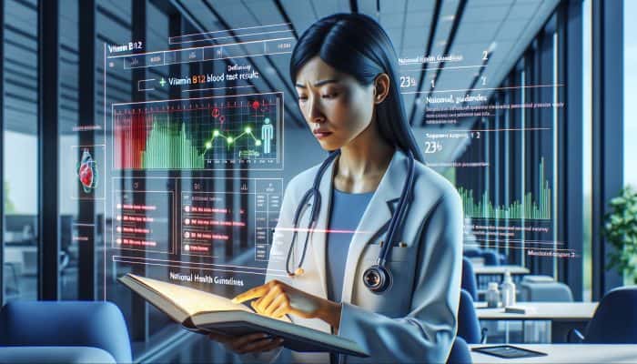 Doctor in a modern Motherwell clinic reviews vitamin B12 blood test chart on a screen, showing red for deficiency and green for normal ranges, with NHS guidelines nearby.