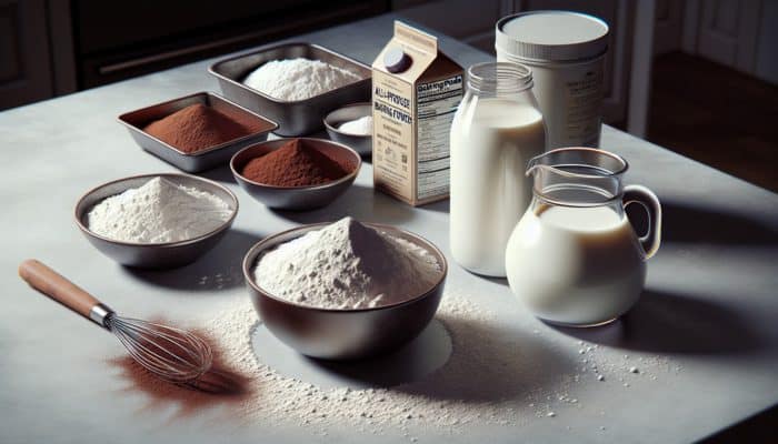 All-purpose flour, baking soda, and baking powder on a kitchen counter with cocoa and buttermilk for a moist chocolate cake.