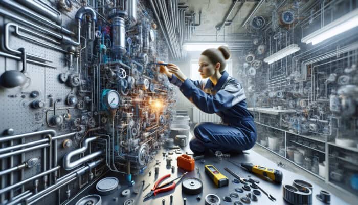 A technician in safety gear cleans and inspects a modern boiler in a well-lit basement, using tools to check for leaks and ensure longevity.