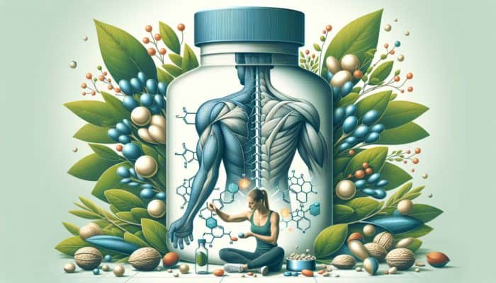 Illustration of a person examining a 200-420 mg magnesium bottle, surrounded by leaves, nuts, and a relaxed muscle diagram for cramp relief.