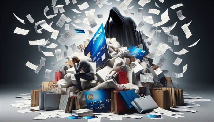 Consolidating Store Card Debt Easily: Person overwhelmed by store credit cards, surrounded by shopping bags, receipts, and high interest rates in a cluttered, stressful environment.