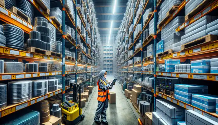 Bustling Sheffield warehouse with stacked PVC work gloves; worker in safety gear uses a tablet to order, amid machinery and signs.