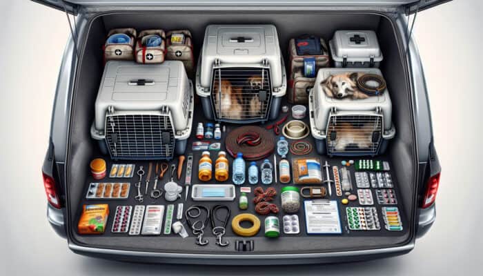 Transporting Rescue Animals Safely: A van packed with an organized kit for rescue animals: sturdy crates, leashes, water bowls, food packs, medications, and first aid supplies.