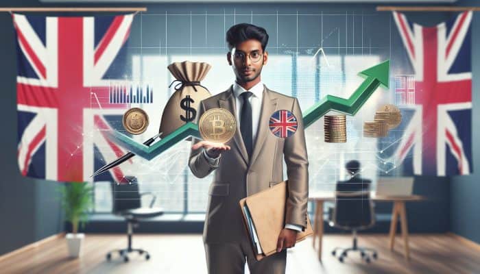 A professional in a modern London office presents payslips and contracts to a lender, with upward-trending graphs and Union Jack flags symbolizing stable income.
