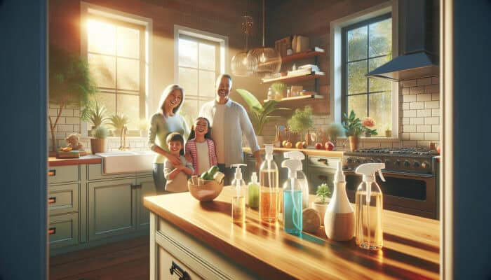 A cheerful UK family in a bright kitchen with eco-friendly cleaning products, plants, and sunlight, symbolising health and savings.