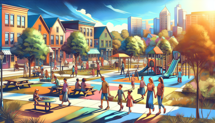 A vibrant suburban neighborhood with children playing on playgrounds, families strolling tree-lined streets, and neighbors chatting in sunny parks.