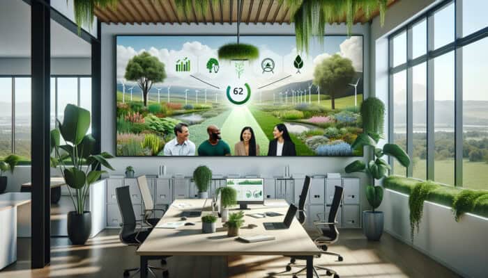 Diverse team collaborates remotely via video calls in an eco-friendly office, viewing sustainability KPIs like carbon emissions and energy use.