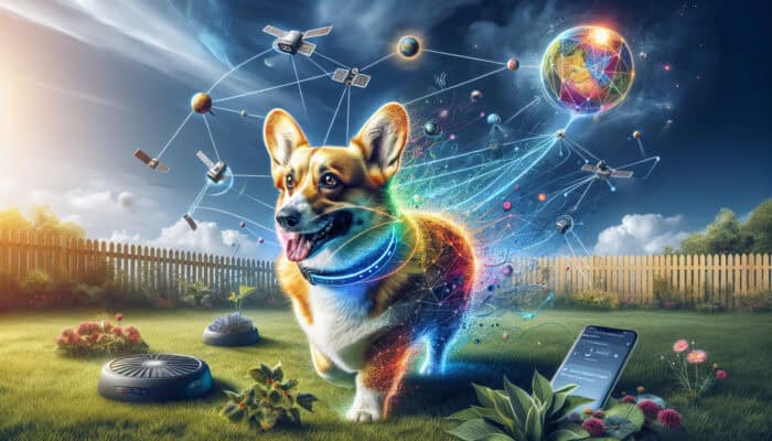 A curious dog with a GPS collar explores a lush backyard, as a base unit connects to satellites and a smartphone app shows real-time boundaries and alerts.