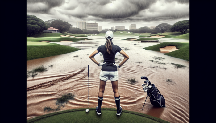 A determined golfer in rain gear surveys a soaked Pretoria golf course with waterlogged bunkers and hidden puddles under a stormy sky.