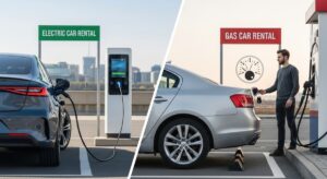 A split image showing an Electric Car charging at a station labeled "ELECTRIC CAR RENTAL" on the left, and a man refueling a Gas Car under a "GAS CAR RENTAL" sign on the right. Both vehicles are outdoors with a city skyline, highlighting contemporary rental options.